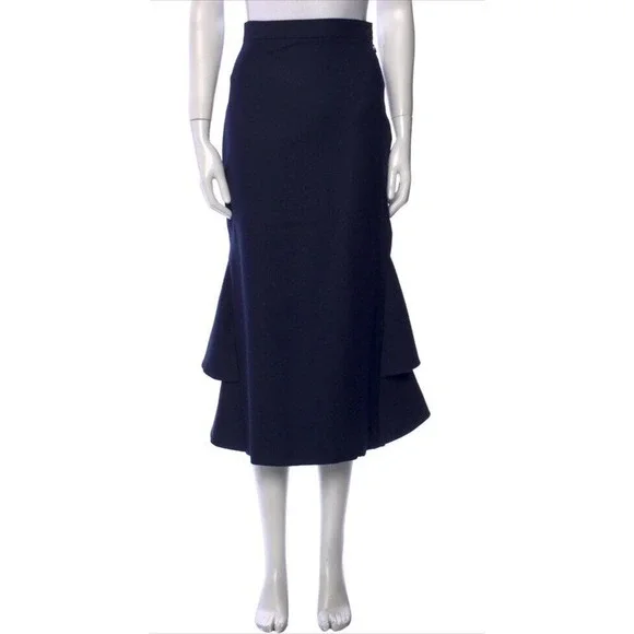 Lake Studio Skirt Midi Ruffle 100% Wool Navy Blue Classic Luxury Sz 42 US 6, M - Picture 2 of 11